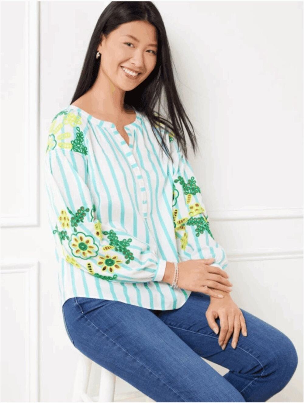 Talbots 100% Cotton Aqua Striped Embroidered Henley Peasant Boho Blouse Size XL